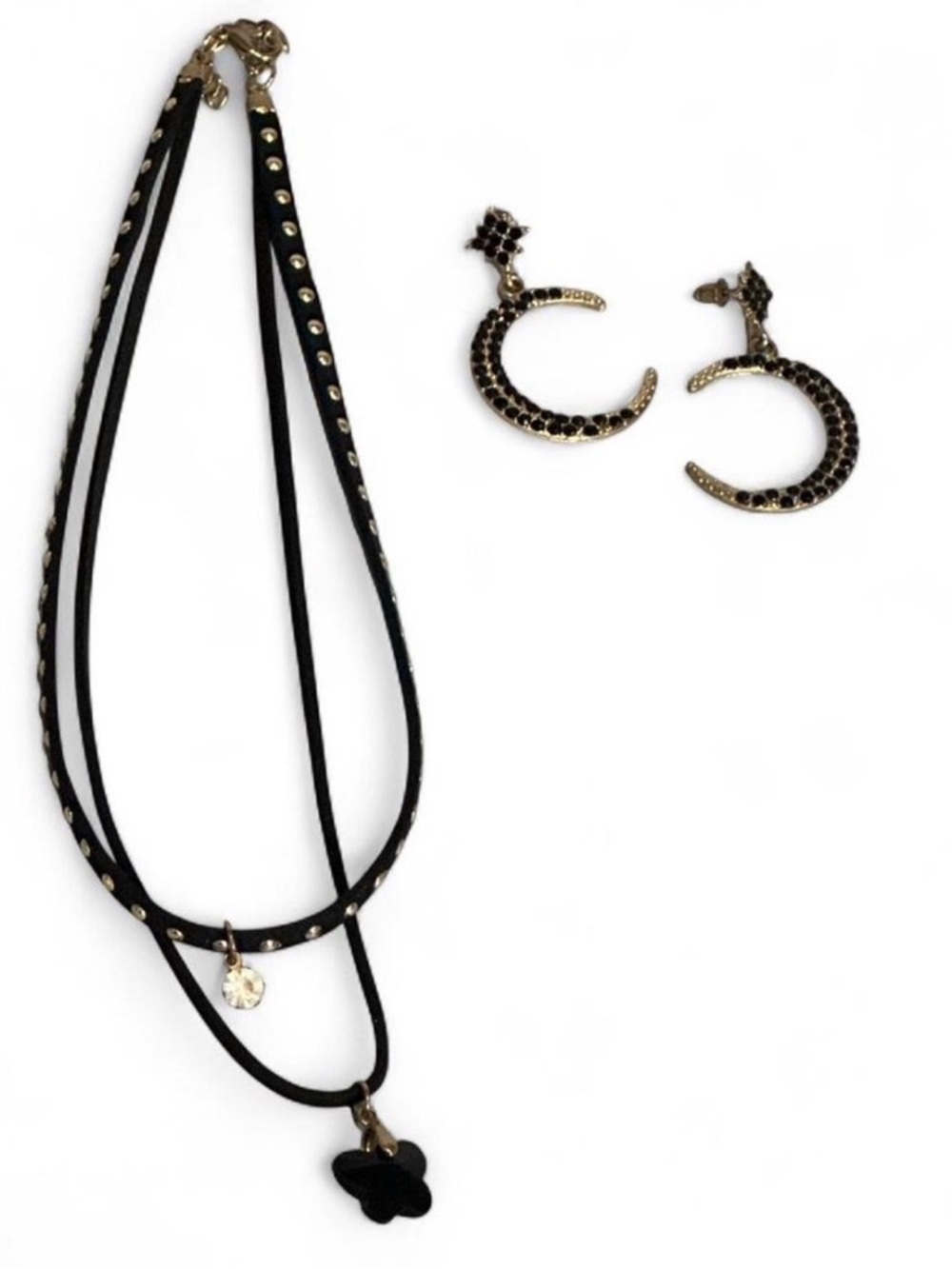 Black Leather Multi-Strand Necklace & Earrings Set